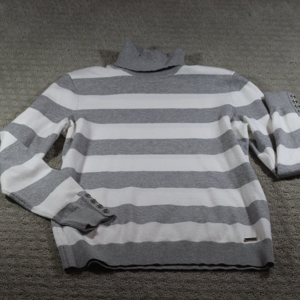 Tommy Hilfiger Size M Grey & White Striped Turtle Neck Sweater